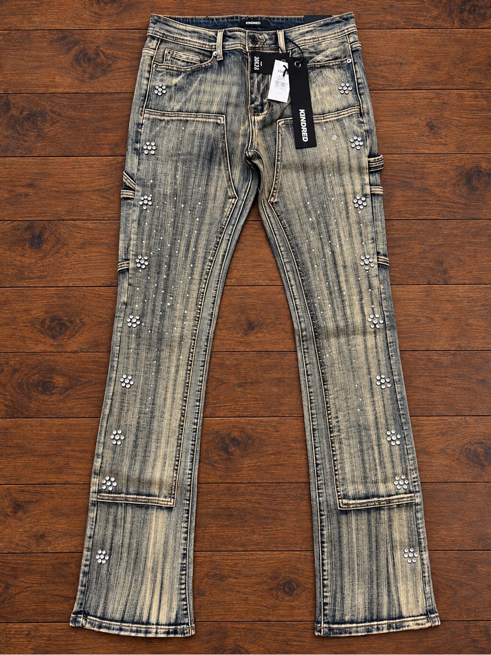 Kindred Rhinestone Cargo Flare Jeans Mud Blue NWT